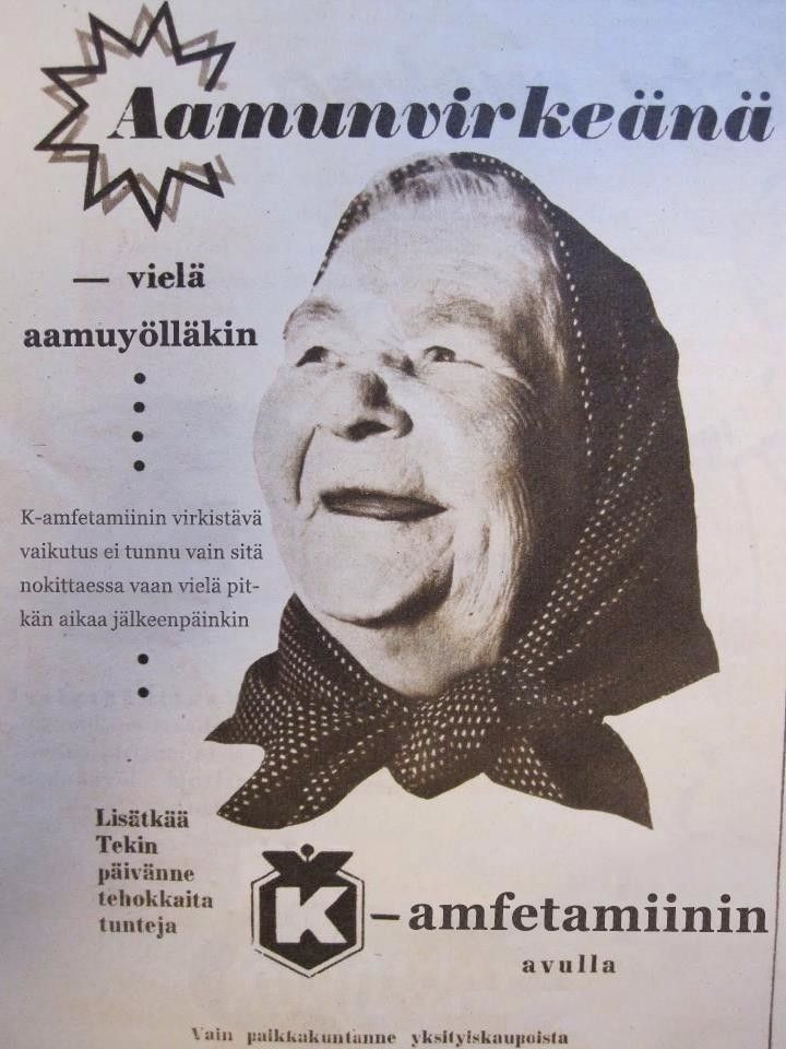 ApacheQQ's tweet photo. K-Kaupalla on ollut eri tuotteita jo varhain laaja valikoima. Mummolta lähtenyt hampaatkin, mutta ei se haittaa, kun on aamunvirkeä aamuyölläkin.. Miltähän vuodelta mahtaa ko. mainos olla ? #kkauppa #mainokset #ennen #nostalgia #amfetamiini #stimulantit https://t.co/6KlrZHUfji