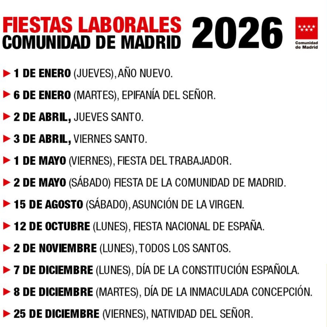 Publicado el calendario laboral 2026 en la Comunidad de Madrid: 14 festivos . En Servalia ya ajustamos equipos y turnos para puentes clave.
¿Necesitas refuerzos en limpieza, conserjería o logística? Hablemos.
#CalendarioLaboral2026 #ComunidadDeMadrid  #Limpieza #Conserjería