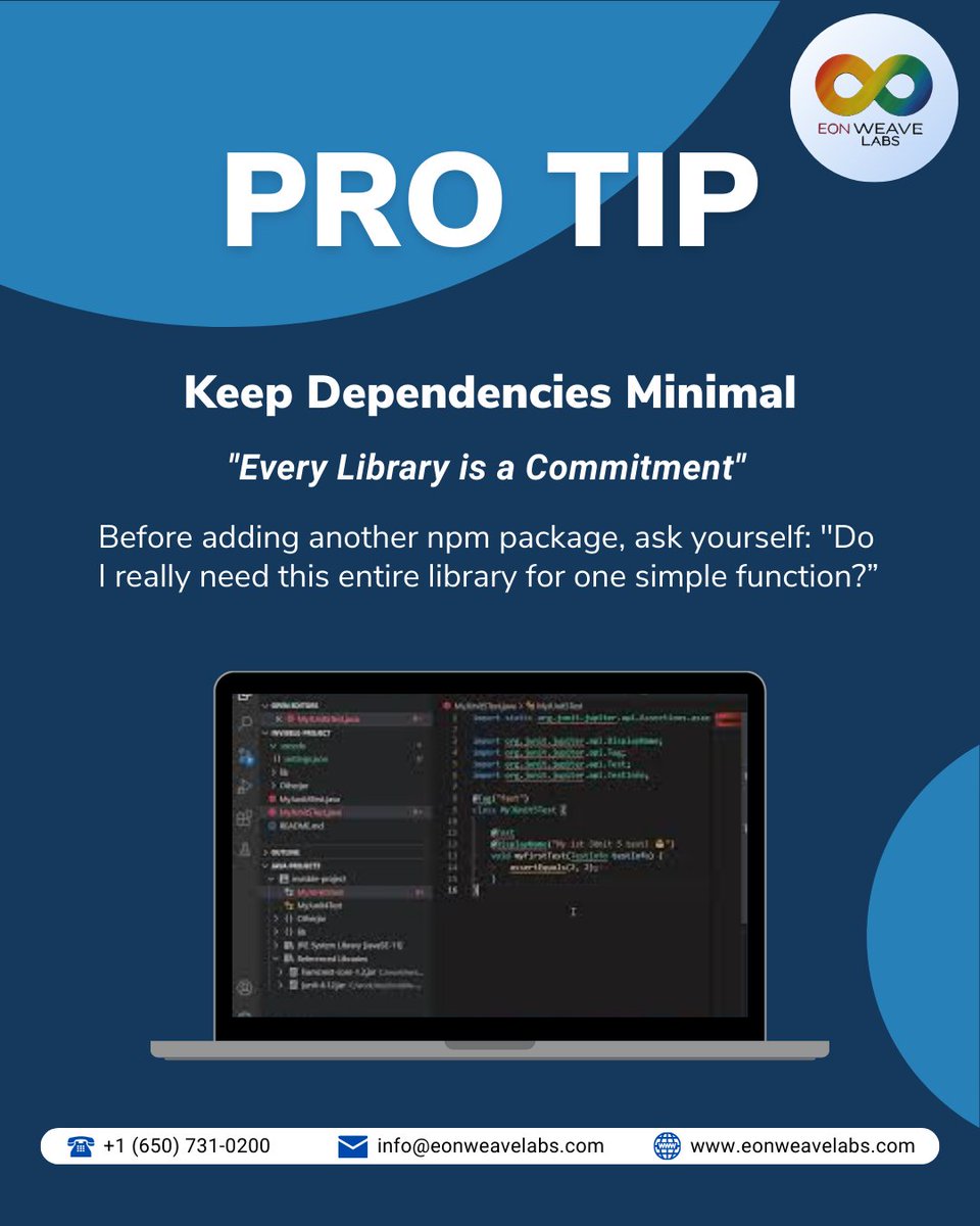 EonWeaveLabs's tweet photo. Effective software architecture starts with smart dependency choices.

Third-party libraries help, but they can add risks. For core features, custom solutions are often best.

Follow us for more tech tips!

#SoftwareEngineering #architecture #customsoftware  #Code #codingbasics https://t.co/fyZQEcHHXH