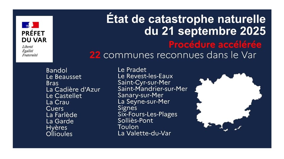 🔔 La Ville de #Toulon reconnue en état de catastrophe naturelle suite aux intempéries des 21 et 22 septembre 2025 ⛈