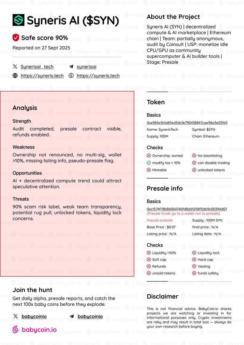 babycoinio's tweet photo. 90% Scam Score : Syneris AI ($SYN) 
Our Babycoin Analysis assigns this presale a 90% Scam Score, indicating a very high possibility of fraudulent risk. Major concerns include unrenounced ownership, absence of multi-sig security, oversized wallet limits, Minting and blacklisting Function, pseudo-presale setup, missing listing details, and poor team transparency. While an audit and refunds are enabled, these positives do not outweigh the critical red flags. Extreme caution is strongly advised.
#DYOR  #CryptoAlert  #Presale #scams #SmartContracts #ethereum #token #Transparency  #babycoin #wallets #fairlaunch #CryptoPresale #CryptoScam #PresaleSafety #CryptoSecurity #TokenLaunch #DeFi #Web3 #CryptoInvesting #ScamAlert #DYOR #CryptoCommunity #Blockchain #CryptoTips #BabyCoin #CryptoPresale #CryptoScam #CryptoSecurity #PresaleSafety #CryptoInvesting #CryptoTips #DYOR #ScamAlert #TokenLaunch #DeFi #Web3 #Blockchain #CryptoCommunity #CryptoWatchdog #Altcoins #CryptoProjects #100xGems