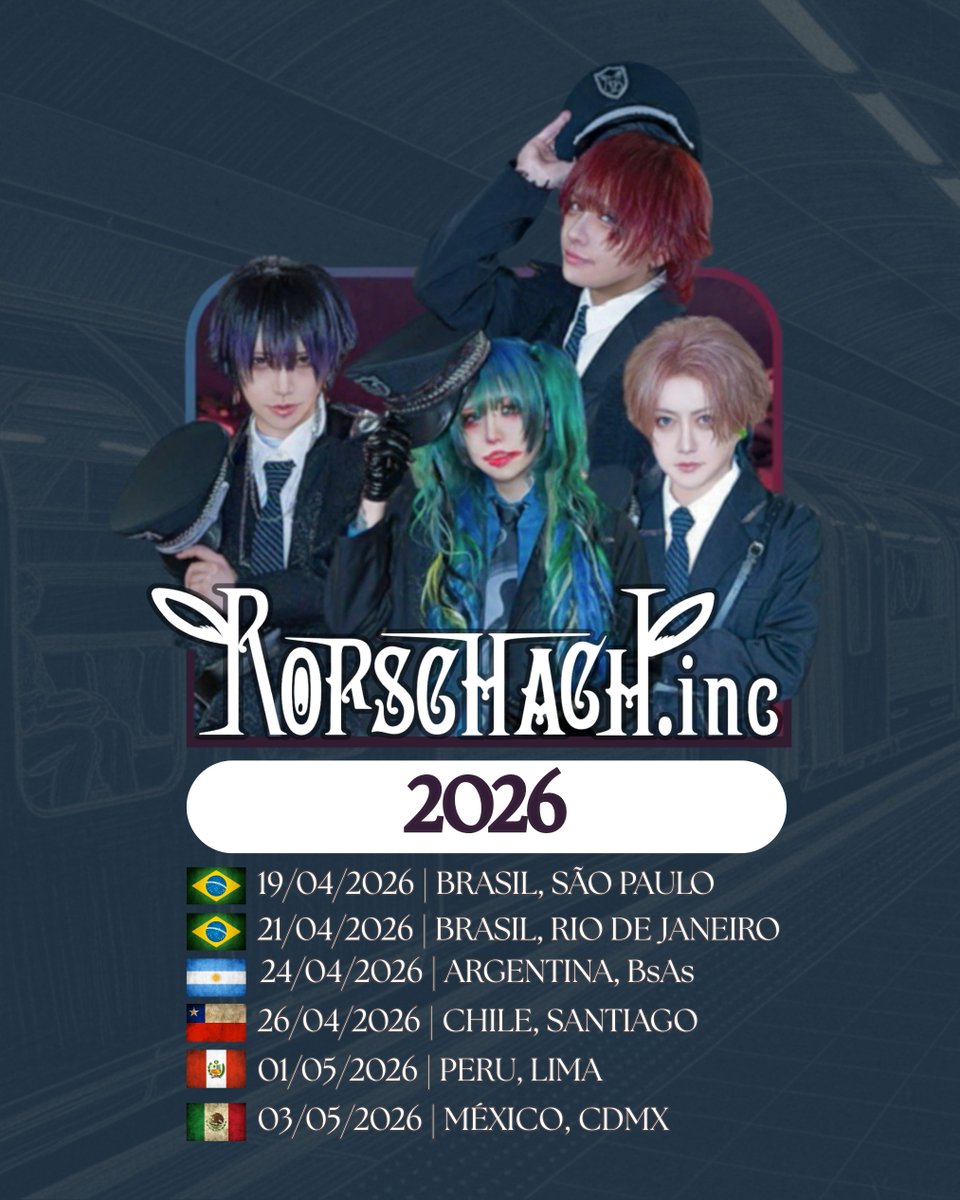 Rorschach.inc – Latin America Tour 2026 

✨A banda Rorschach.inc, conhecida pela sua intensidade sonora e estética visual marcante, retorna à América Latina em 2026 para uma turnê inesquecível. Unindo peso, energia e uma identidade única dentro do cenário