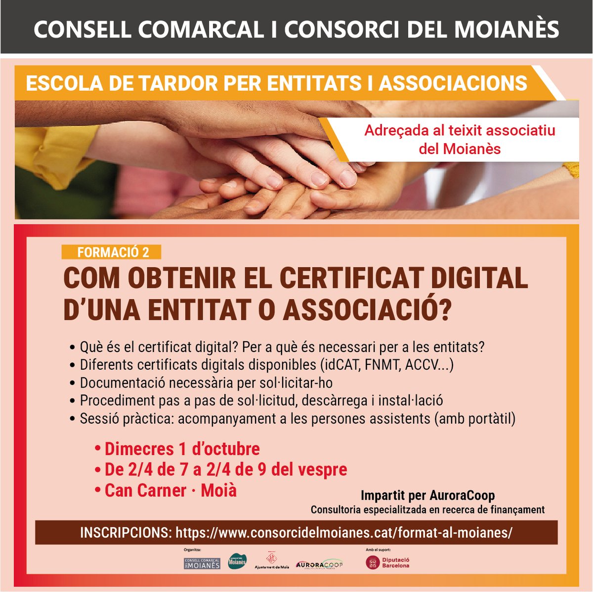 🍁ESCOLA DE TARDOR PER ENTITATS I ASSOCIACIONS 🍂
🗓️Dimecres #1oct a 2/4 de 7 de la tarda, segona de les formacions: COM OBTENIR EL CERTIFICAT DIGITAL D'UNA ENTITAT O ASSOCIACIÓ?
📍Presencial a Can Carner - #Moià
➡️Enllaç per inscripcions: forms.gle/72TBFaKXL6JW3D…