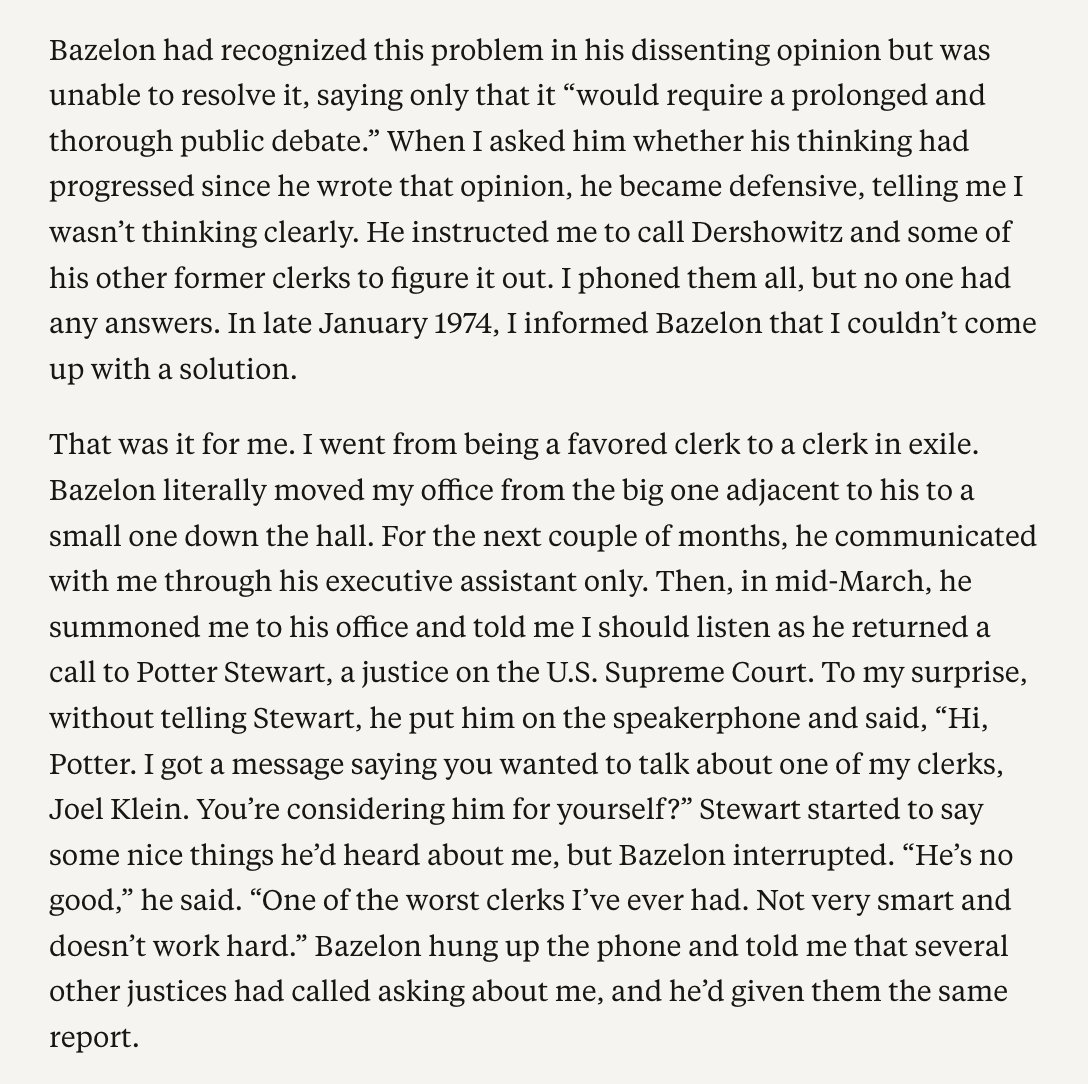OrinKerr's tweet image. I have no idea if this is an accurate or typical story about Judge Bazelon, but the telling of it from former law clerk Joel Klein seems worth noting. Of course, if other Bazelon clerks have a different view, that would be good to know. thefp.com/p/ancient-wisd…