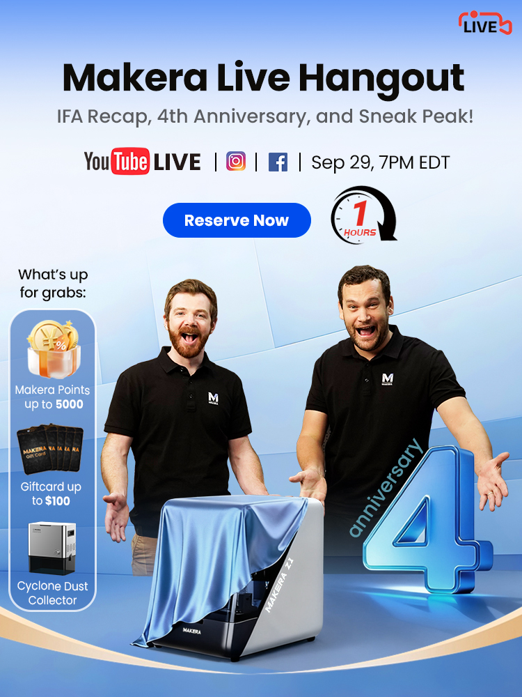 Makera (@makera_inc) on Twitter photo ⏰ We’re LIVE in 1 Hour!
Your last chance to save big! Don’t miss Makera Live hangout: celebrating our 4th Anniversary with Z1 product unveiling, IFA recap & exclusive giveaways!🎉
🕙 Sep 29 – 7PM EDT | Sep 30 - 1AM Berlin/Paris
📍 Live on YouTube, Facebook & Instagram
🎁 Lucky ⏰ We’re LIVE in 1 Hour!
Your last chance to save big! Don’t miss Makera Live hangout: celebrating our 4th Anniversary with Z1 product unveiling, IFA recap & exclusive giveaways!🎉
🕙 Sep 29 – 7PM EDT | Sep 30 - 1AM Berlin/Paris
📍 Live on YouTube, Facebook & Instagram
🎁 Lucky