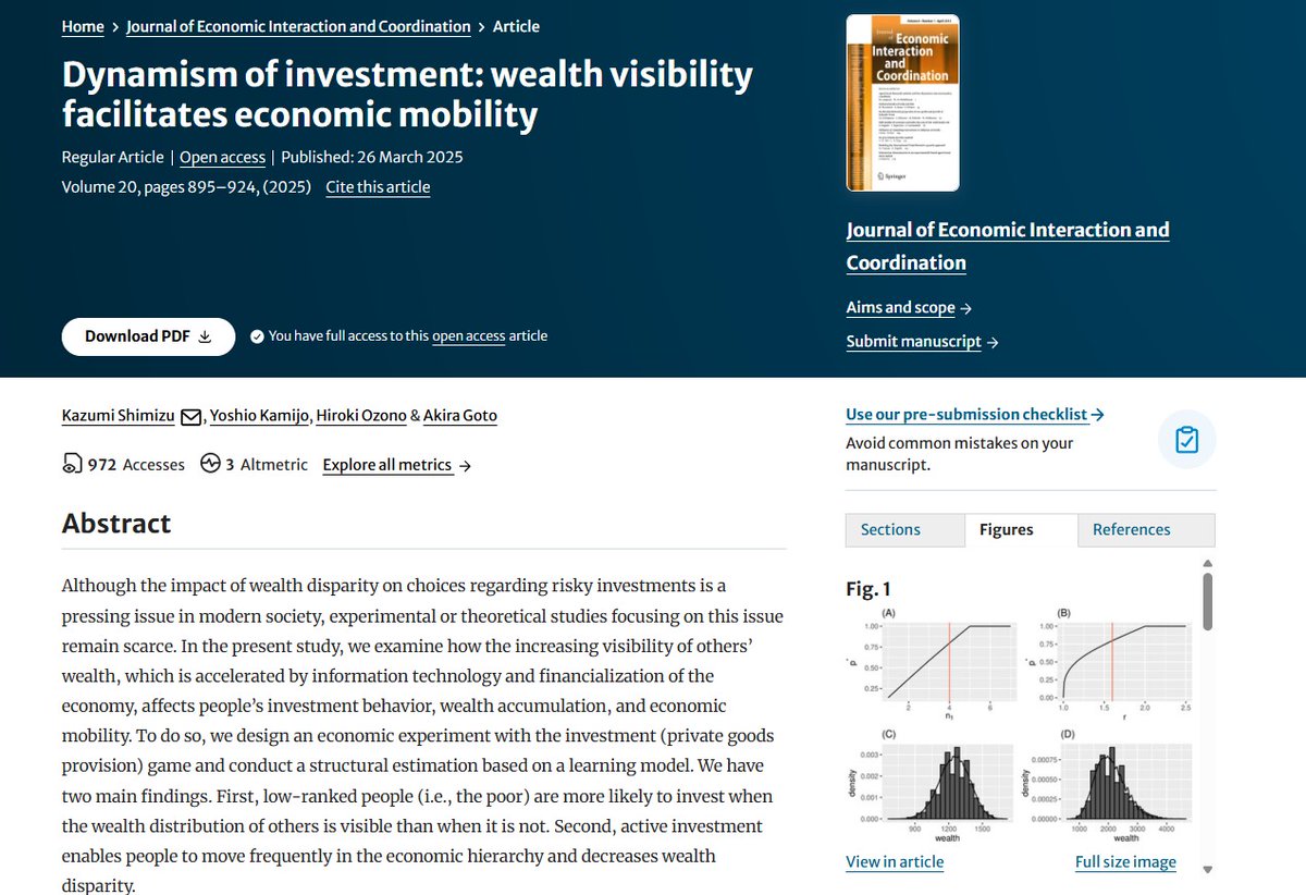 Springernomics's tweet image. ➡️#OpenAccess article published in Journal of Economic Interaction and Coordination

Dynamism of investment: wealth visibility facilitates economic mobility

Kazumi Shimizu, Yoshio Kamijo, Hiroki Ozono&amp;amp; Akira Goto

doi.org/10.1007/s11403…