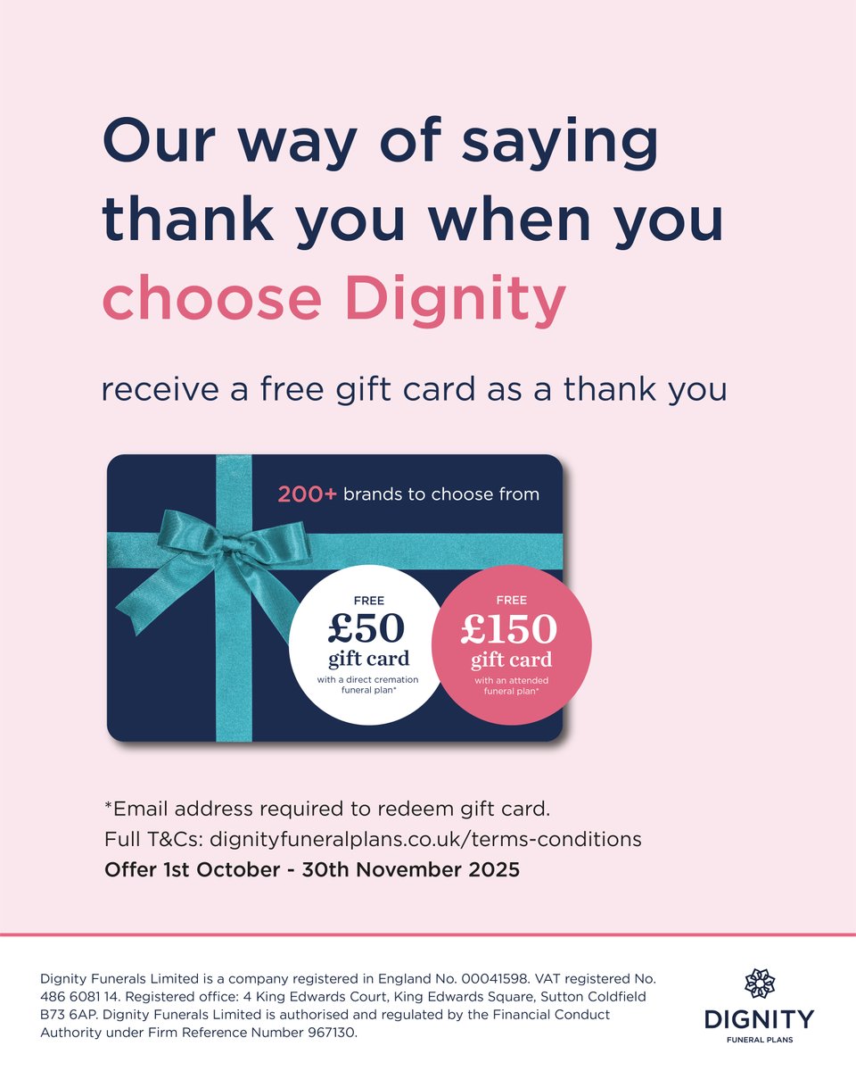 Dignity_UK's tweet image. Plan ahead, protect your loved ones, and get rewarded. Take out a funeral plan by 30th November and receive...

✨ £50 gift card with a direct cremation plan

✨ £150 gift card with an attended plan

Find out how: dignityfuneralplans.co.uk or call 08082 586 880

#PlanAhead…