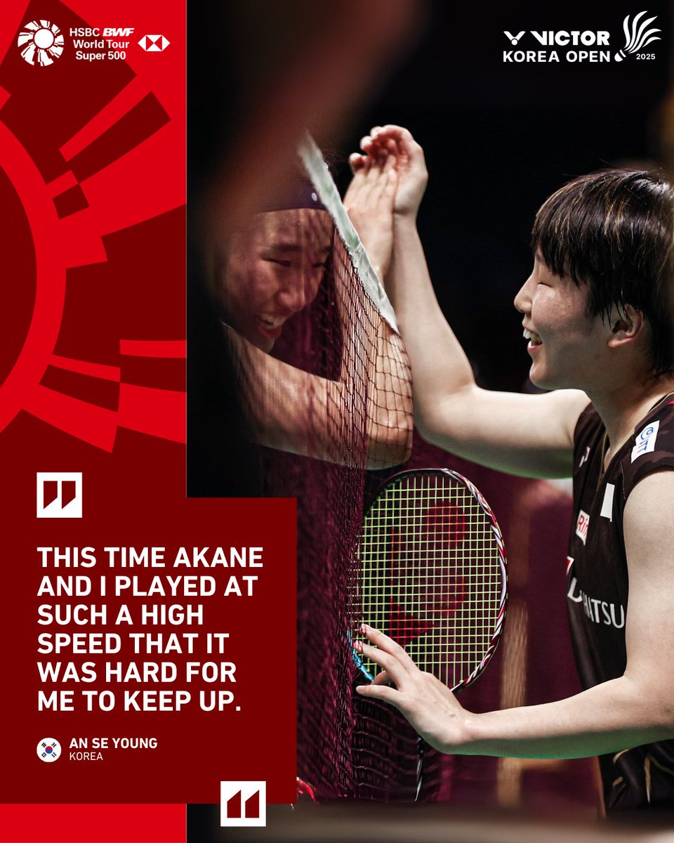 bwfmedia's tweet photo. Speed, respect and a memorable clash between the Olympic champion and world champion. 🤝🫶

Read more 👉 https://t.co/ZQJU6YSqfz

#BWFWorldTour #KoreaOpen2025 #AnSeYoung #AkaneYamaguchi https://t.co/OeINuPY4yu