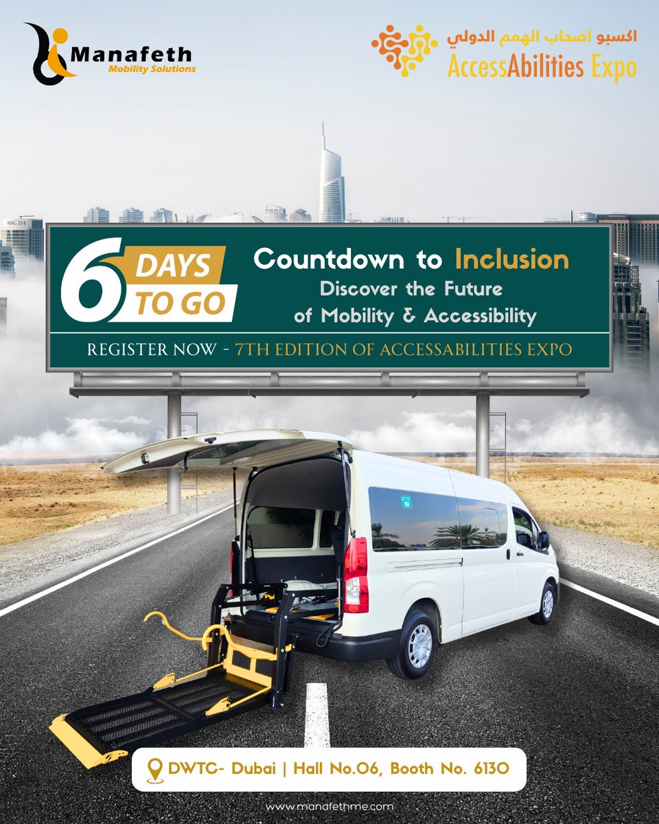 Manafethme's tweet image. Countdown to Inclusion!

We’re excited to announce our participation in the 7th Edition of AccessAbilities Expo.

DWTC, Dubai | Hall No. 06, Booth No. 6130

Register now 

#WheelchairLifts #HyundaiStaria #AccessibleVehicles #InclusiveTravel #VehicleModification #AdaptiveVehicles