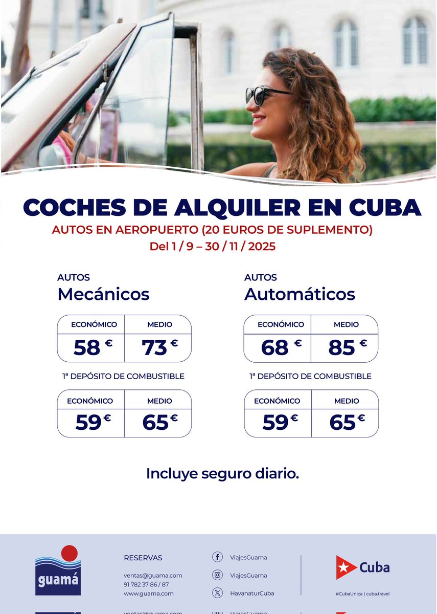 Alquila tu vehículo con Viajes Guamá y asegura una estancia tranquila y sin sorpresas. Pago 100% seguro y sin preocupaciones. 

#AtreveteaVivirlo #CubaUnica #CubaTeEspera #traveling #alquilercoches