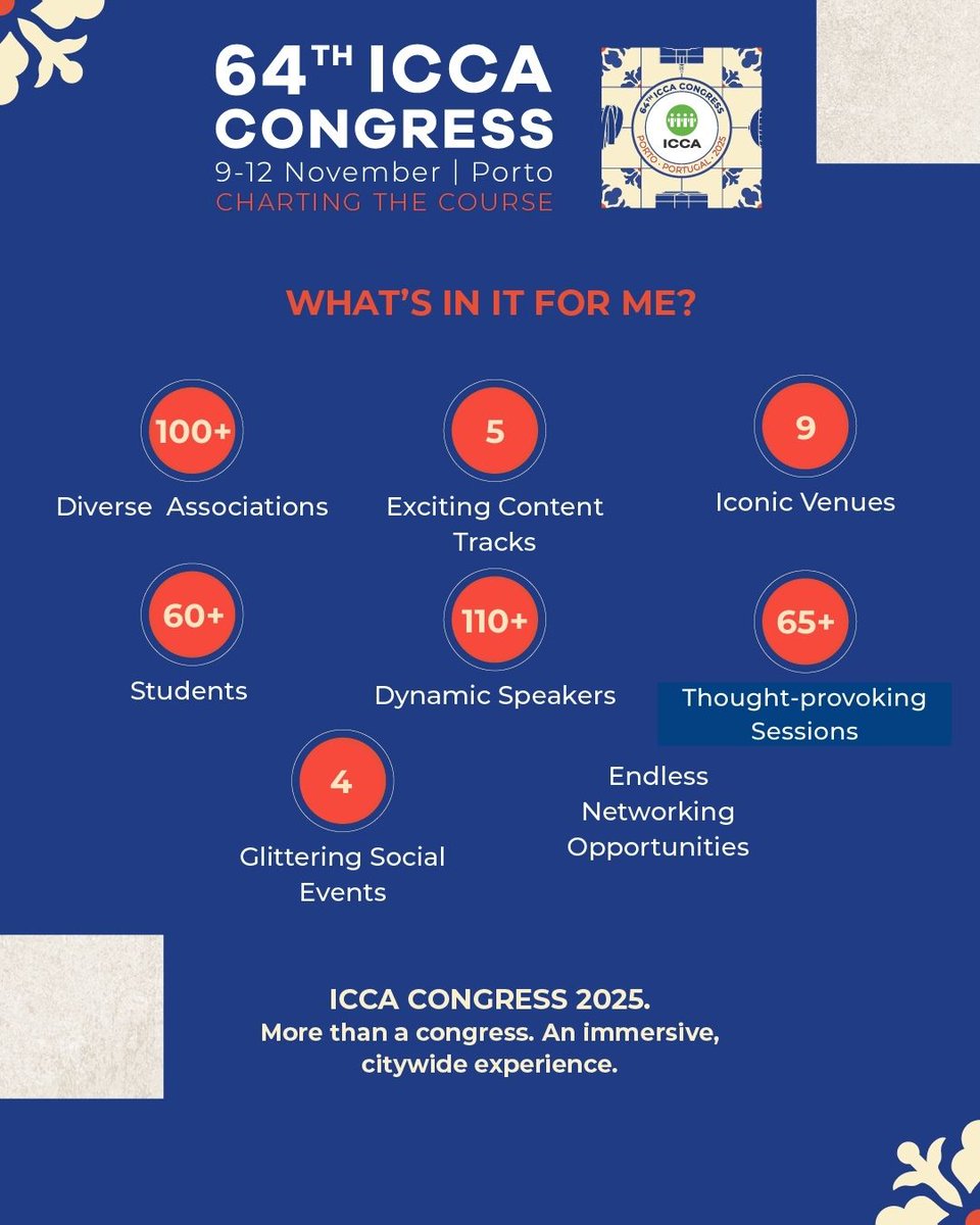 ICCAWorld's tweet photo. ๐งญ #ICCACongress25 will move you to learn, grow & explore! Experience Porto, hear from industry leaders, and build lasting connections โจ๐ค Donโt miss outโregister now! ๐ https://t.co/8of5XGuXOF
#ChartingTheCourse #PortoIsNowForever #ICCAWorld #BusinessEvents https://t.co/YAlvSVZZUB