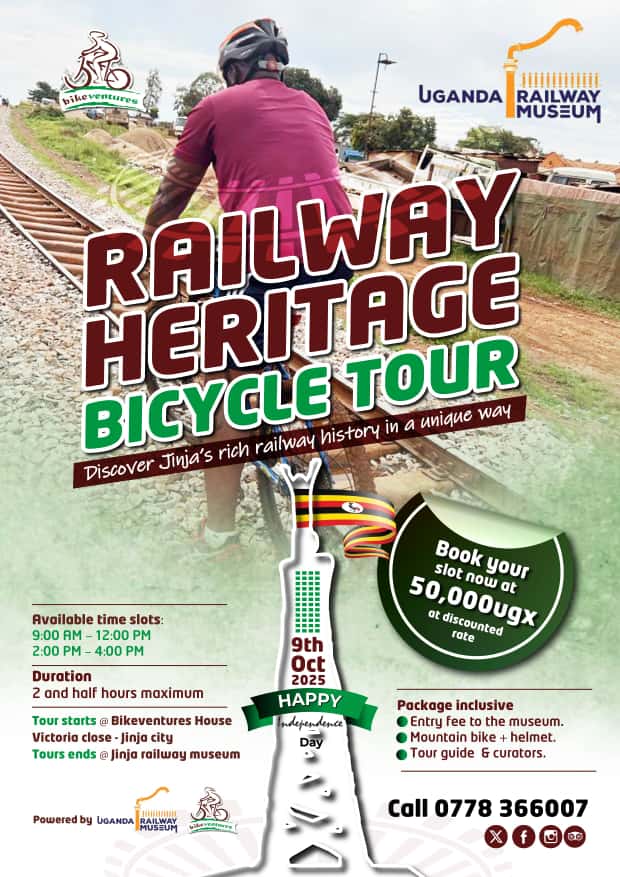 It's just a few days to the railway heritage bicycle Tour at subsidised price. Make your reservation for the tour on 0778 366 007.
let's ride into history this #independenceDay.
#Bikeventures #Visitjinja
<a href="/RailwaymuseumUg/">The Uganda Railway Museum</a> <a href="/coopafrica/">Cycling out of Poverty (CooP-Africa)</a> <a href="/jinjacity/">Jinja City Uganda</a>