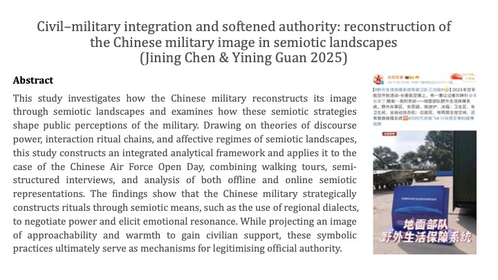 Civil–military integration and softened authority: reconstruction of the Chinese military image in semiotic landscapes
By Jining Chen &amp; Yining Guan
DOI: doi.org/10.1080/103503…
#Chinesemilitary #image #affect #politicaldiscourse #powerrelations