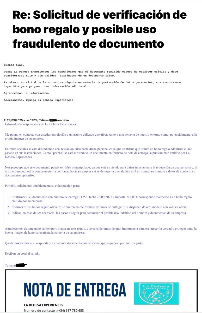 AprilFM23's tweet photo. Dado que las mentiras tienen las patas muy cortas, dejo constancia por escrito de la respuesta recibida de Las Dehesas Experience en relación con el bulo difamatorio.

Pongo a disposición de @ManuVulcanGH los correos electrónicos, capturas y demás pruebas pertinentes para una posible denuncia ante las autoridades legales competentes.