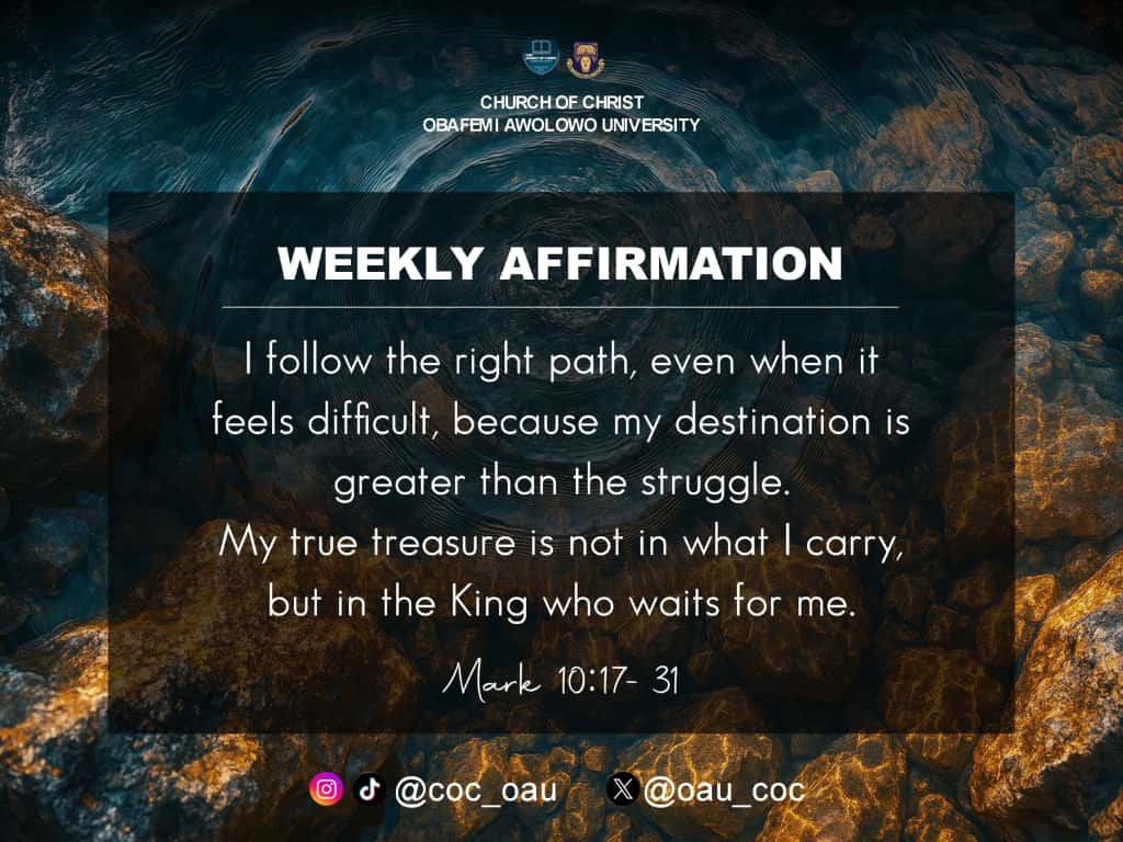 oaucoc's tweet photo. I, (Your name), follow the right path, even when it feels difficult, because my destination is greater than the struggle.
My true treasure is not in what I carry, but in the King who waits for me.
#cocoau #Affirmation https://t.co/8A6VAiBn31