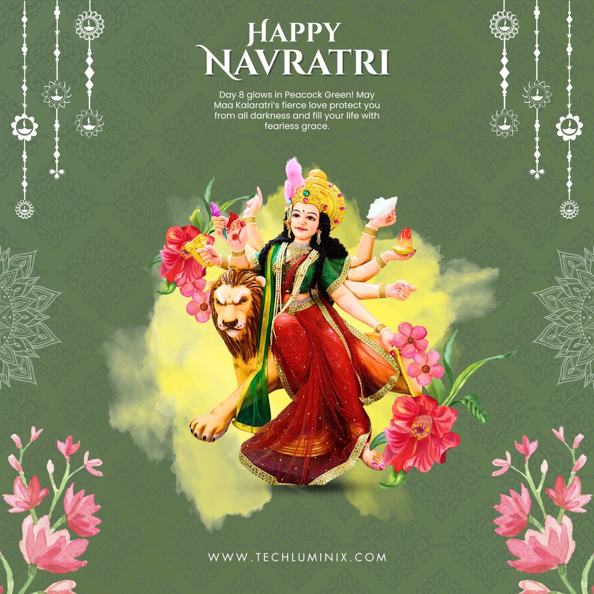 TechLuminix's tweet photo. Day 8 glows in Peacock Green! 💚 Honoring Maa Kalaratri, the fierce protector who destroys darkness. May she bless you with courage and peace.

#Navratri2025 #Kalaratri #ShubhNavratri #TechLuminixWishes https://t.co/3SGpR8lv5i