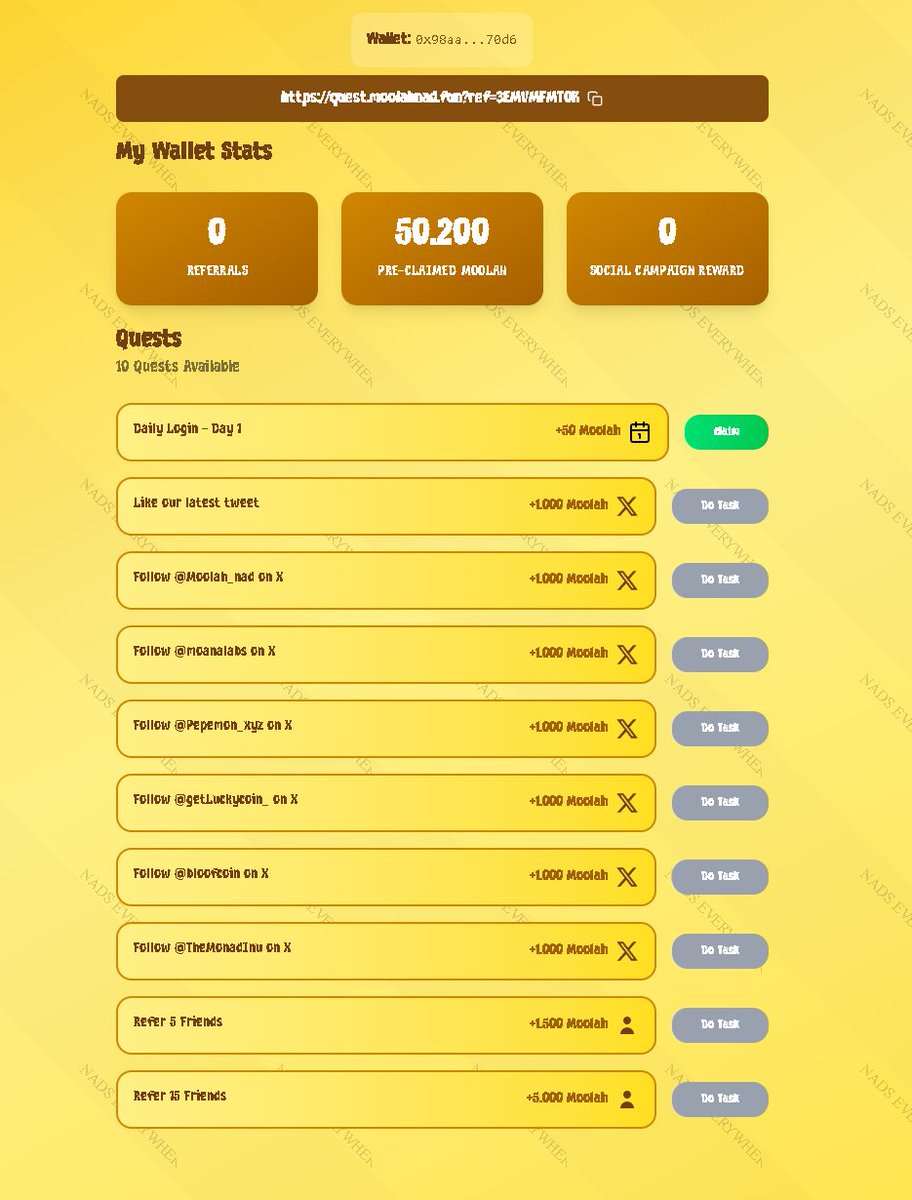 Moolah Nad has kicked off its campaign and it’s already live in the <a href="/monad/">Monad</a> ecosystem. 

No wallet connection, no hassle, just jump in and start farming Moolah every 24h.

How to join:

• Go to: quest.moolahnad.fun/?ref=3EMVMFMT0K
• Check in daily
• Complete quests
• Invite friends