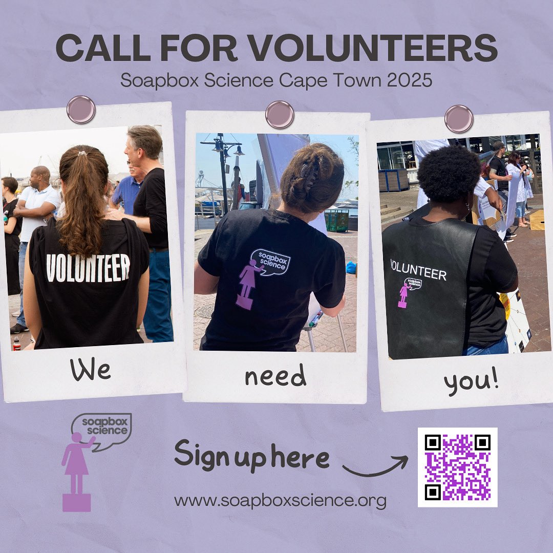 SoapboxSciCT's tweet image. 🌟 Be part of the action! 🌟

Volunteer for #SoapboxScience Cape Town 2025 on 15 Nov @ V&amp;amp;A Waterfront 🙌 Help us support inspiring women in science &amp;amp; create an unforgettable event!

Sign up 👉 forms.gle/qm9K5teshowdJf… 

#VolunteersNeeded #CapeTown #WomenInSTEM