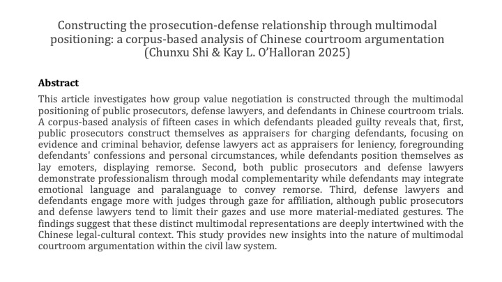Constructing the prosecution-defense relationship through multimodal positioning: a corpus-based analysis of Chinese courtroom argumentation
By Chunxu Shi &amp; Kay L. O’Halloran
DOI: doi.org/10.1080/103503…
#Courtroomdiscourse #civillawsystem #multimodality #socialpositioning