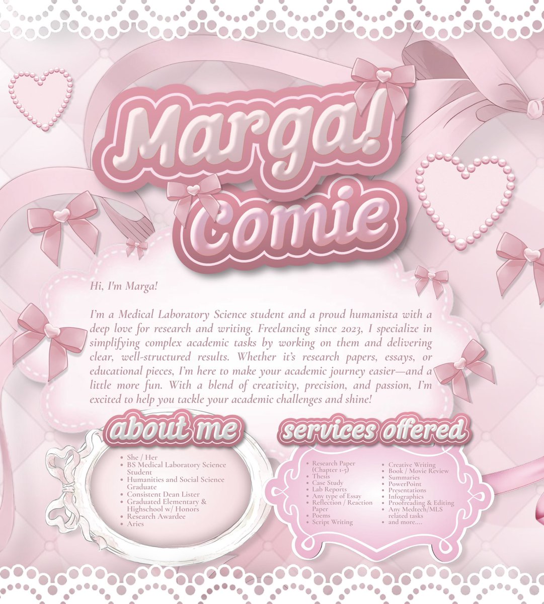 commssbymarga_'s tweet photo. “𝐷𝑜 𝑤ℎ𝑎𝑡 𝑦𝑜𝑢 𝑙𝑜𝑣𝑒, 𝑎𝑛𝑑 𝑙𝑒𝑡 𝑖𝑡 𝑠ℎ𝑖𝑛𝑒 𝑡ℎ𝑟𝑜𝑢𝑔ℎ 𝑦𝑜𝑢𝑟 𝑤𝑜𝑟𝑘.” ✨

— Hi, I’m 𝑴𝒂𝒓𝒈𝒂 🎀 I’m here to take the stress out of your 𝙖𝙘𝙖𝙙𝙚𝙢𝙞𝙘 𝙩𝙖𝙨𝙠𝙨. Take a glance at my commsheet below to see all the ways I can help ೀ https://t.co/tLkAWXAErP
