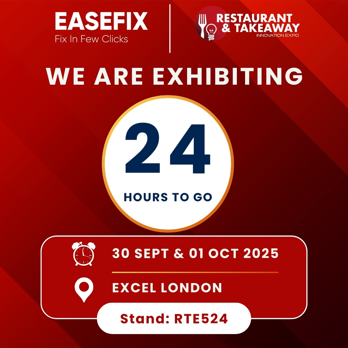 🍴 Easefix is exhibiting at the <a href="/RTIExpo/">Restaurant & Takeaway Innovation Expo</a> Restaurant &amp; Takeaway Innovation Expo on 30 Sept &amp; 01 Oct 2025!     

Visit us at Stand RTE524 to explore expert property maintenance solutions for the hospitality sector.    takeawayexpo.co.uk 

#Easefix #TakeawayExpo2025