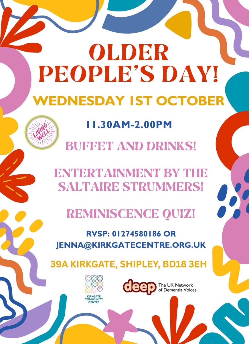 The Kirkgate Community Centre is hosting a FREE event for anyone over 50 on Wednesday to celebrate International Older People's Day!

There will be food, entertainment and a quiz. No booking required, just turn up from 11.30am.

#Shipley #ShipleyCommunity #ShipleyEvents