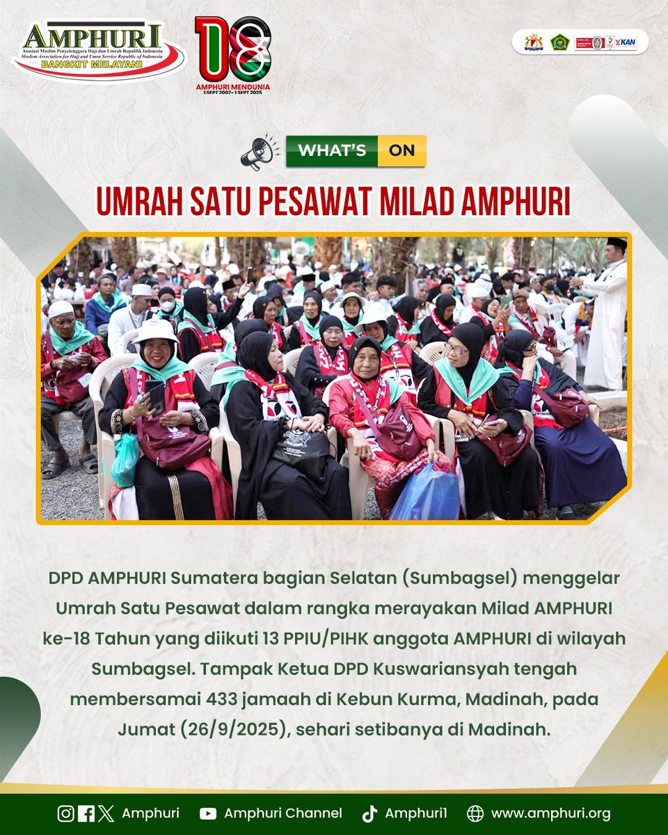 DPD AMPHURI Sumatera bagian Selatan (Sumbagsel) menggelar Umrah Satu Pesawat dalam rangka merayakan Milad AMPHURI ke-18 Tahun yang diikuti 13 PPIU/PIHK anggota AMPHURI di wilayah Sumbagsel.  #amphuri #amphurisumbagsel #amphurisumsel #amphuribangkitmelayani