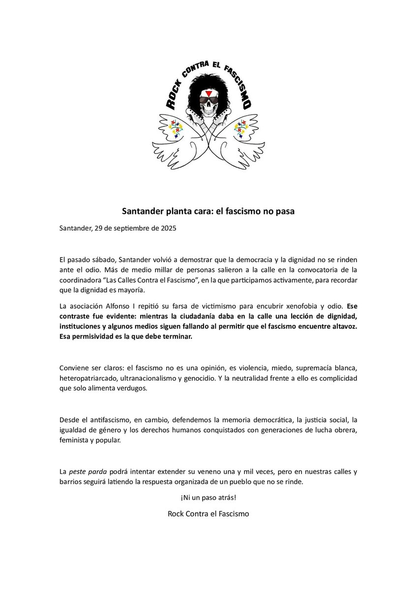 Santander planta cara: el fascismo no pasa.
El pasado sábado, Santander volvió a demostrar que la democracia y la dignidad no se rinden ante el odio. Más de medio millar de personas salieron a la calle en la convocatoria de la coordinadora “Las Calles Contra el Fascismo.