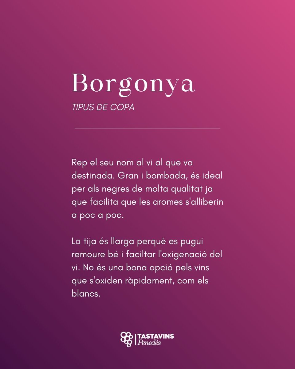 🍷 Tipus de copa · Borgonya

Gran i bombada, ideal per negres de molta qualitat ja que facilita que les aromes s'alliberin a poc a poc.

La tija és llarga per remoure bé i faciltar l'oxigenació del vi. No és una bona opció per vins que s'oxiden ràpidament.

#TastavinsPenedes
