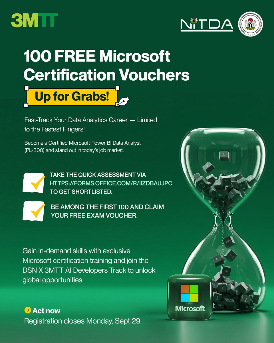 3MTTNigeria's tweet image. Here’s your chance to level up your data analytics career!
100 FREE Microsoft Power BI (PL-300) certification vouchers are up for grabs, but only for the fastest fingers.
Take the quick assessment, be among the first 100, and claim your voucher.
Registration closes today!