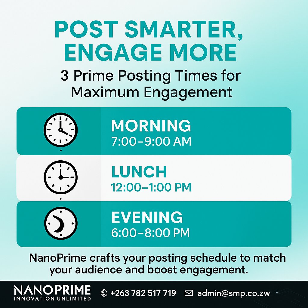 NanoPrimeZw's tweet photo. β° POST SMARTER, ENGAGE MORE
3 Prime Posting Times for Maximum Engagement:
βοΈ Morning β 7:00β9:00 AM
π½ Lunch β 12:00β1:00 PM
π Evening β 6:00β8:00 PM
NanoPrime crafts your posting schedule to match your audience and boost engagement π
#NanoPrimeZW #PostingTips #socialmedia https://t.co/UJq8BO1knI