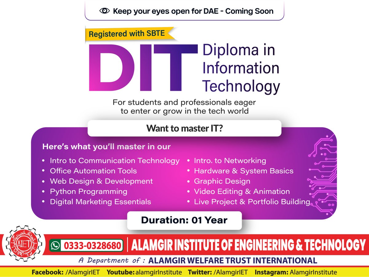 AlamgirIet's tweet image. 🚨 New Course Alert!
Our Diploma in Information Technology (DIT) course is now open for admissions!😍🎓

#AIET #DITCourse #DiplomaInInformationTechnology   
#LearnTech #TechEducation #DigitalSkills #CareerReady   
#FutureReady #TechTraining #ITDiploma #SkillUp #ITSkills