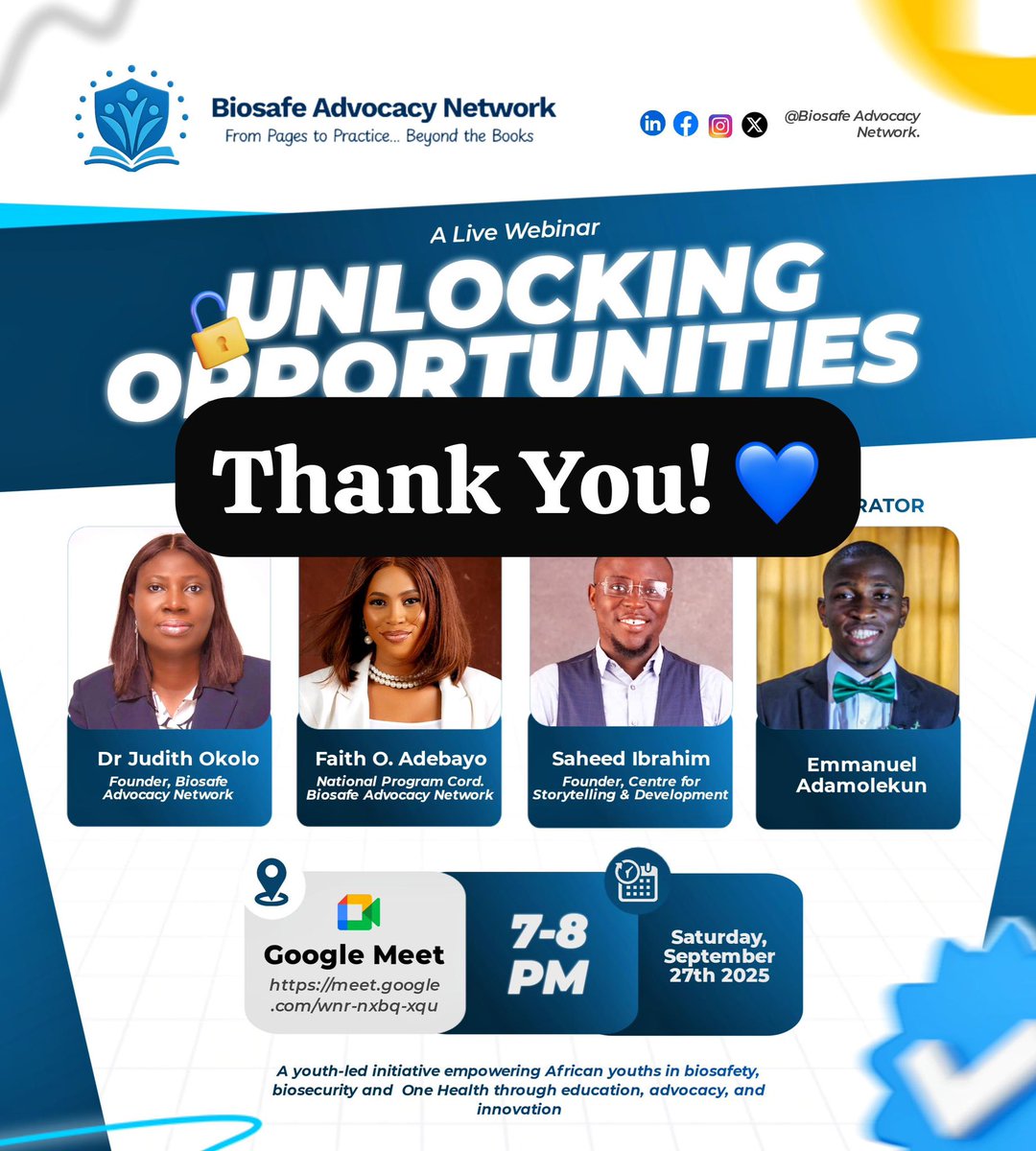 BioSafe_Network's tweet photo. Thanks for joining our #BioSafeNetwork webinar on CV Writing Tips! 💙

Shoutout to Saheed Ibrahim for the gem: “Your CV is a living document, not a one-time draft.”💡

👉 Follow @biosafenetwork for more: https://t.co/vhUHi7FlK5

#biosecurity #biosafety #africa https://t.co/WVaXxl9xuT