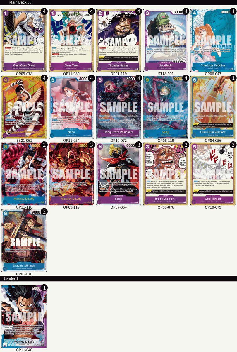 [Deck List]
Hey One Piece Pirates!
Thank you to everyone who joined the Offline Treasure Cup hosted by Athens Collectibles on Sept. 21!
Here’s the deck lists the top 4 players used. Congratulations!
Enjoy the treasure won &amp; building up your own crew!
#ONEPIECE
#onepiececardgame