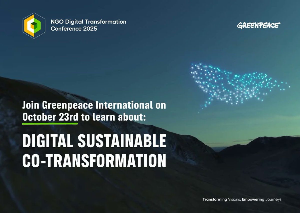 Greenpeaceafric's tweet image. 🎙️ JOIN US on 23 Oct → Greenpeace INGO Virtual Conference 🌍💻

Nonprofits, UN, Amnesty, WWF &amp;amp; more on digital + sustainability.

⚡ Limited spots → registration.socio.events/e/dxconference…

#DigitalSustainability #TechForGood

@AfricanMuso