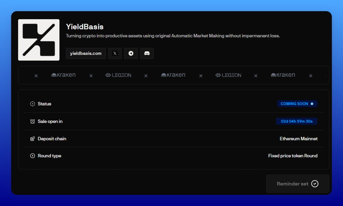 ProMint_X's tweet image. . @yieldbasis Sale - incoming on Legion & Kraken!
This one is buzzing across CT. A DeFi protocol built for BTC holders to earn yield without impermanent loss risk. And the sale is about to start.
Sale details:
- Token price: $0.20
- Raise: $5M
- Valuation: $200M
- Allocation:…