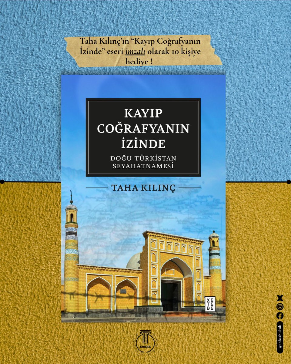 Çin'in yayınlanmaması için uğraşmasıyla gündeme gelen “Kayıp Coğrafyanın İzinde: Doğu Türkistan Seyahatnamesi”nin okunmasına katkıda bulunmak için ENHAR 10 kişiye imzalı kitap hediye ediyor🎉

Katılmak için ;
• Takip et
• Beğen
• RT yap

Son katılım 5 Ekim
Sonuç 6 Ekim | 21.00