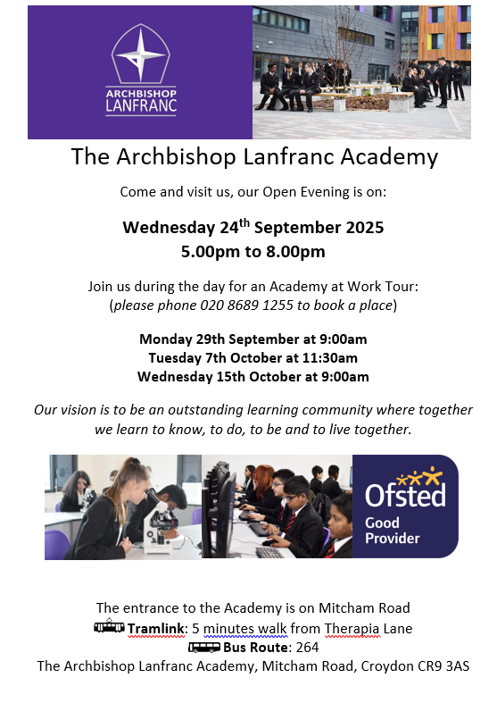 LanfrancAcademy's tweet photo. Curious about life at TALA? 

Our Open Mornings are the perfect chance to see us in action on a normal school day. 

Tuesday 7th October at 11:30am 
Wednesday 15th October at 9:00am 

Email office@lanfranc.org.uk to sign up! 

#TEAMTALA 💜💜💜💜 https://t.co/ULMUVE0Q8u