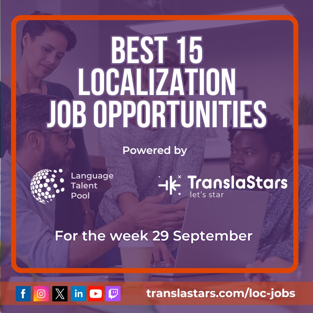 TranslaStars's tweet image. 🌍 15 hot #Localization jobs!
👟 Adidas – Manager Localization (Amsterdam) bit.ly/3VEtXrK
🚀 SpaceX – Starlink Localization Specialist (WA) tinyurl.com/kww54ewu
🎮 TransPerfect – LQA Game Tester (Vietnam) tinyurl.com/5n7cxa8h
By TranslaStars. #KeepOnLearning