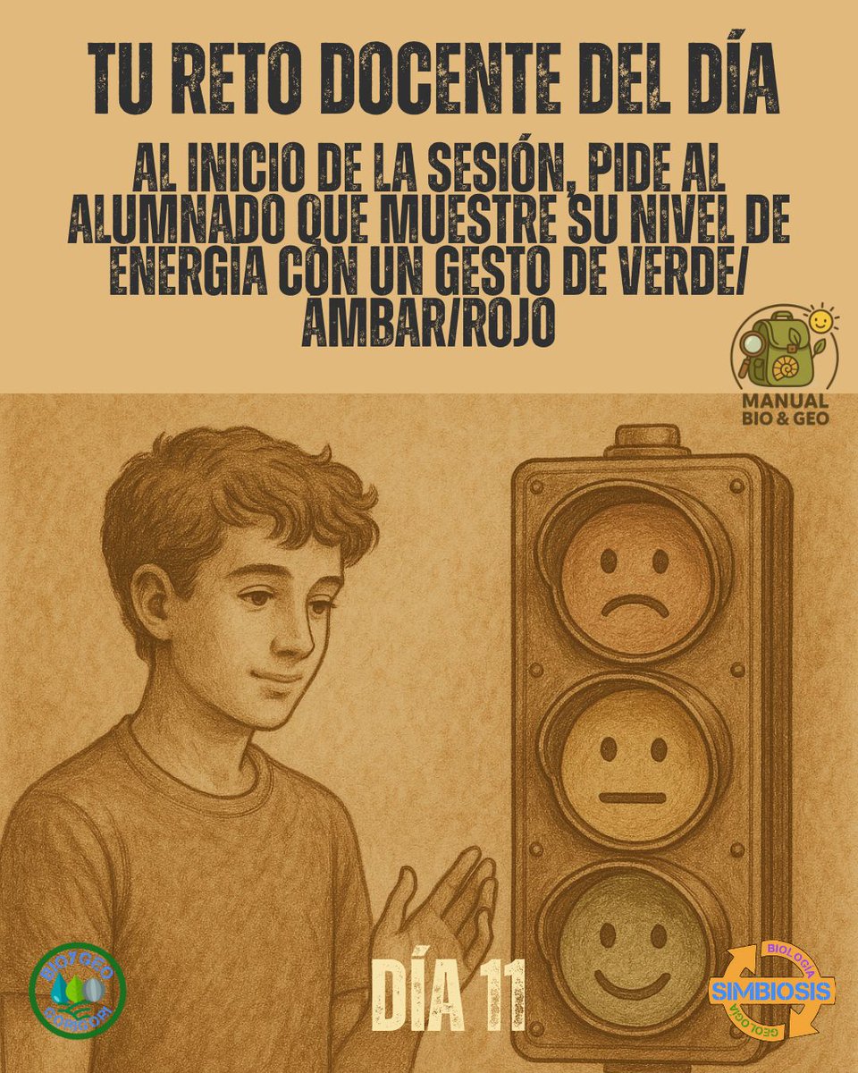 #Retodocente 11 – Semáforo de bienestar
Pregunta al grupo cómo se sienten: rojo, ámbar o verde 🚦. Un gesto rápido mide el clima emocional y te da pistas para ajustar tu dinámica docente.
proyectosimbiosis.colectivocrecet.com/blog/el-manual…

#Bienestar #Emociones #ManualBioyGeo