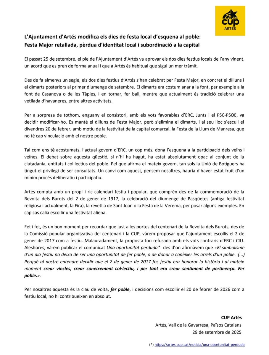 A ERC Artés sembla que no els interessa la participació ni l'opinió del veïnat d'Artés. Des del consistori han modificat el dimarts de FM pel 20 de febrer, dia de la Llum a Manresa. Aquesta decisió s'ha pres d'esquena al poble.