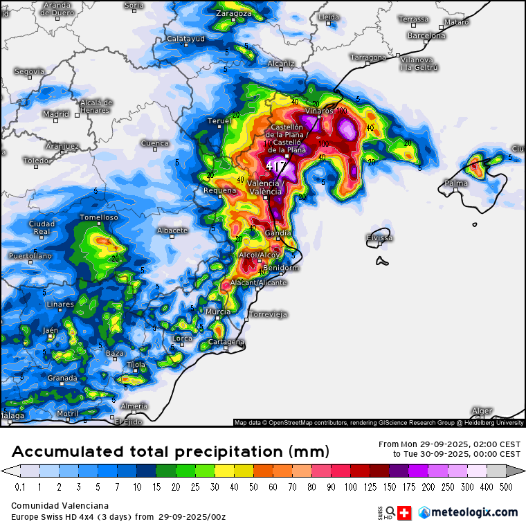 🚨⛈️Situación muy adversa para las próximas horas en la zona de Levante. Cantidades que pueden superar los 400 mm hasta las 00:00 hrs.

🇨🇭El modelo suizo las sitúa en la provincia de Castellón.

🇫🇷 Arome las localiza al Norte de Castellón y de pleno en la capital valenciana.