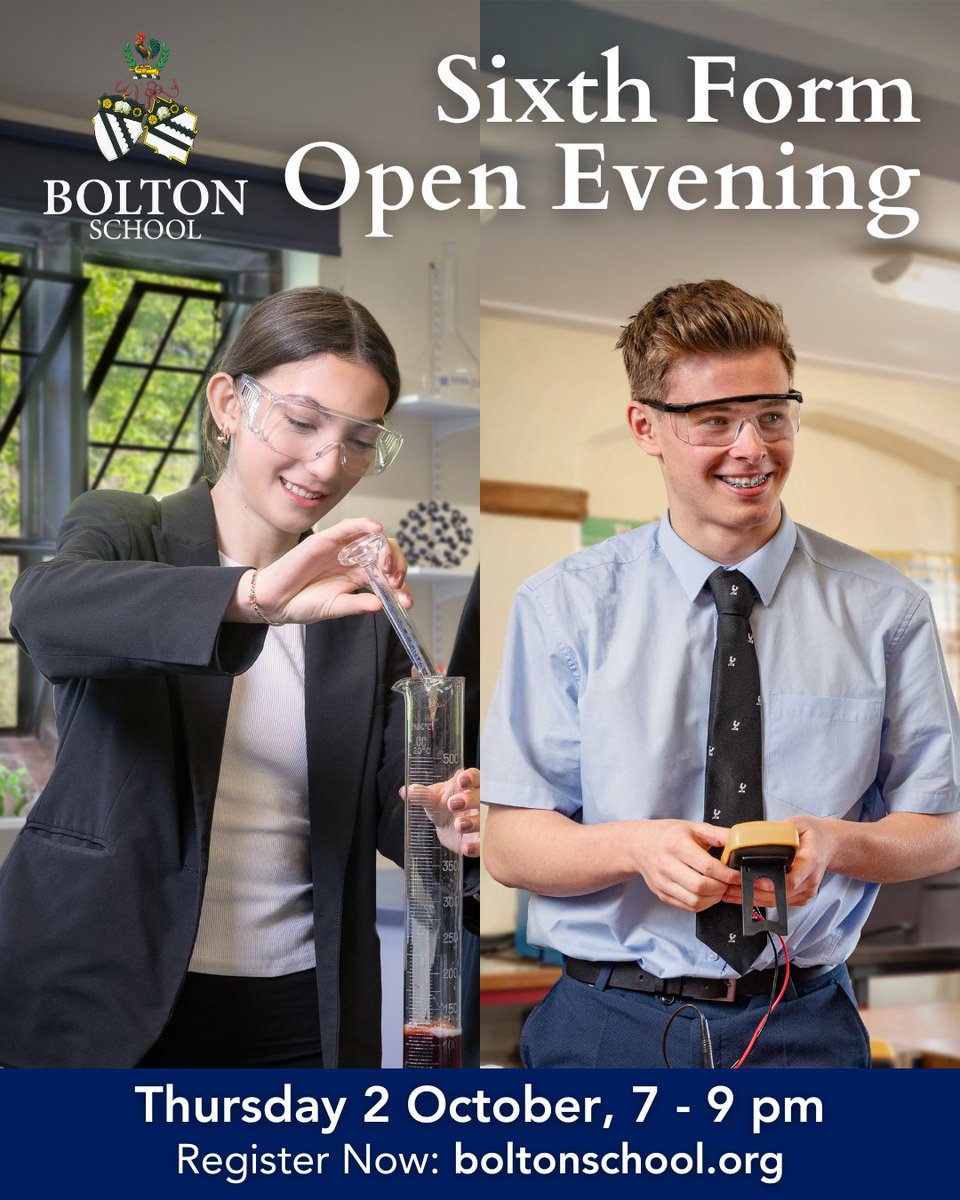 BoltonSch's tweet photo. Just 3 days to go until our Sixth Form Open Evening at #BoltonSch
🗓️ Thursday 2 Oct | 🕖 7–9pm
Whether you're exploring your options or ready to take the next step, come & see what makes our Sixth Form so special.
➡️Register: https://t.co/RQCQHFigbD
#SixthForm #OpenEvening https://t.co/npE98gIWgp