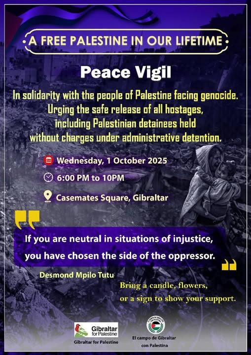 Let's get #Gibraltar together in a VIGIL FOR PEACE with our whole community lighting candles, bringing flowers and showing love, care and forgiveness.

Release the hostages now! Stop the killing! Work together for a solution!