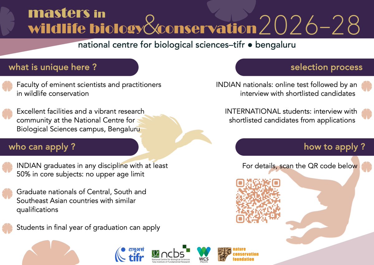 MSc Wildlife (@msc_wildlife) on Twitter photo Applications are now open for Masters in Wildlife Biology and Conservation at <a href="/NCBS_Bangalore/">National Centre for Biological Sciences</a> for the 2026-28 batch. Do share this with interested students. tifr.res.in/academics/gs_a… Applications are now open for Masters in Wildlife Biology and Conservation at <a href="/NCBS_Bangalore/">National Centre for Biological Sciences</a> for the 2026-28 batch. Do share this with interested students. tifr.res.in/academics/gs_a…