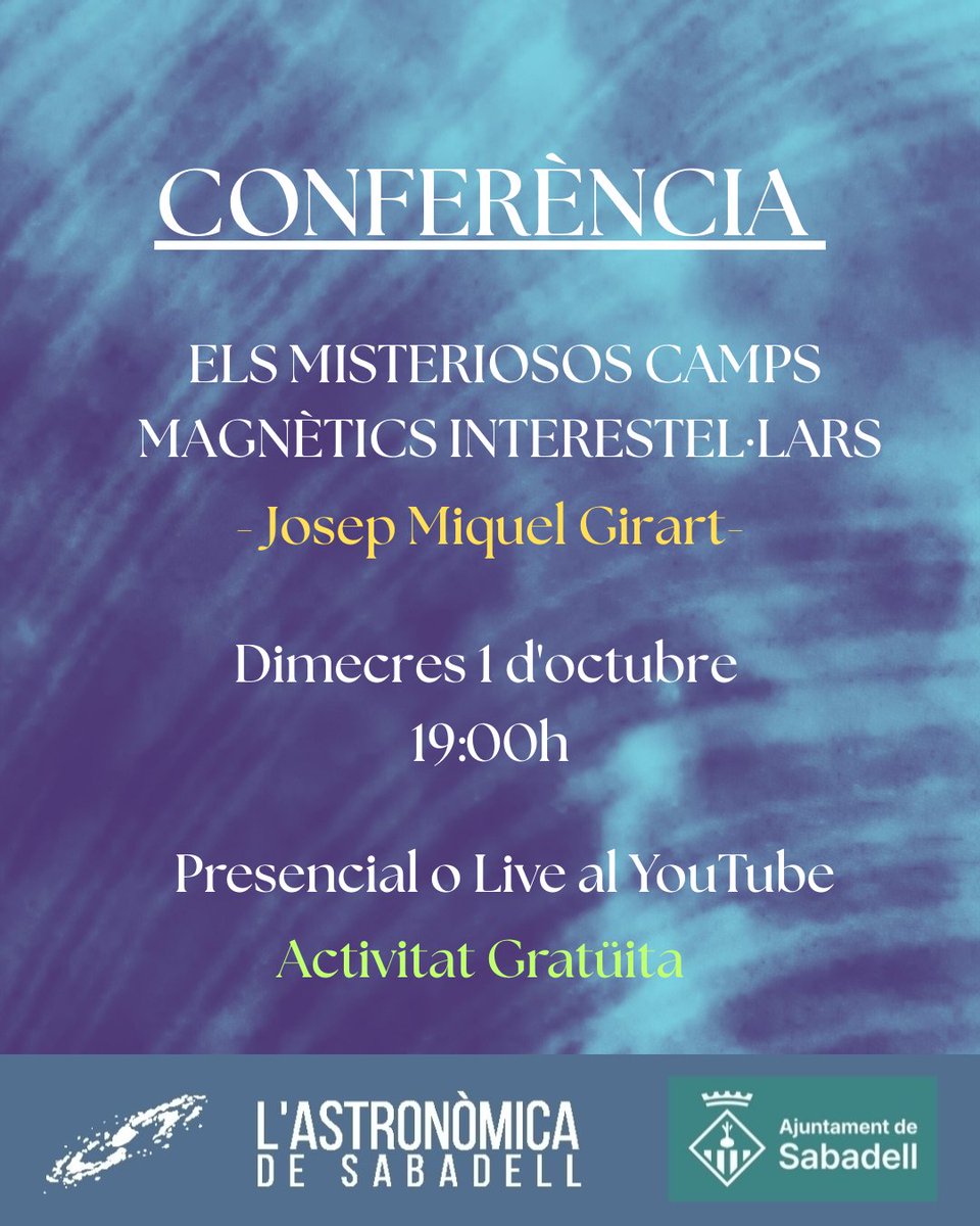 No et perdis la conferència de Josep Miquel Giralt, una
oportunitat per a descobrir una mica més sobre els camps magnètics!
Entrada lliure i gratuïta! Presencial a Sabadell o
en directe pel nostre canal de YouTube.
Amb la col·laboració de l'Ajuntament de Sabadell.