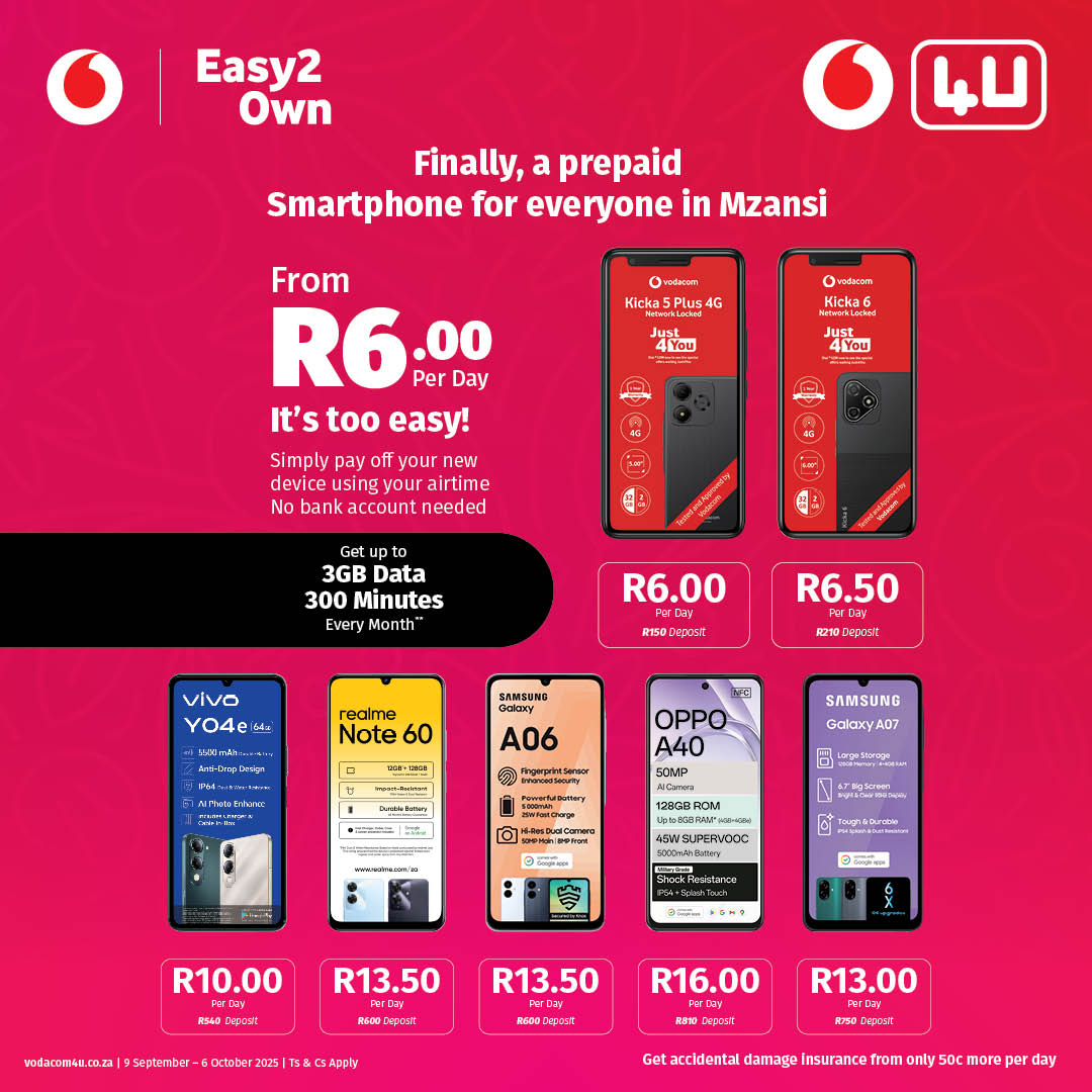 Vodacom4u's tweet photo. Own your smartphone from just R6/day! 
No bank account needed, just airtime. Get up to 3GB data + 300 minutes every month. Easy2Own, easy to stay connected. #Vodacom4U #Easy2Own
https://t.co/Kmh5g7i8D5 https://t.co/6NUKrc30cH