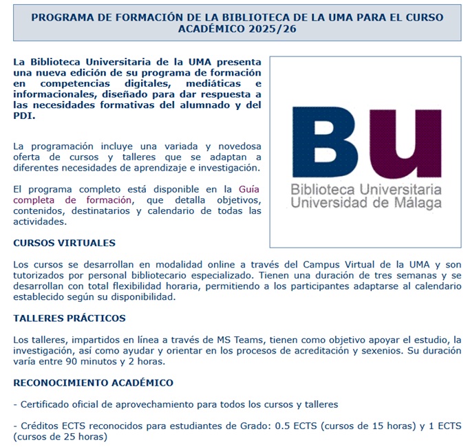 Filosofía y Letras (@letrasuma) on Twitter photo Os recordamos que la <a href="/Biblioteca_UMA/">Biblioteca_UMA</a> ya ha abierto el plazo de inscripción a sus cursos gratuitos de formación que tienen además reconocimiento de créditos. En este enlace tenéis toda la información:
uma.es/ficha.php?id=6… Os recordamos que la <a href="/Biblioteca_UMA/">Biblioteca_UMA</a> ya ha abierto el plazo de inscripción a sus cursos gratuitos de formación que tienen además reconocimiento de créditos. En este enlace tenéis toda la información:
uma.es/ficha.php?id=6…