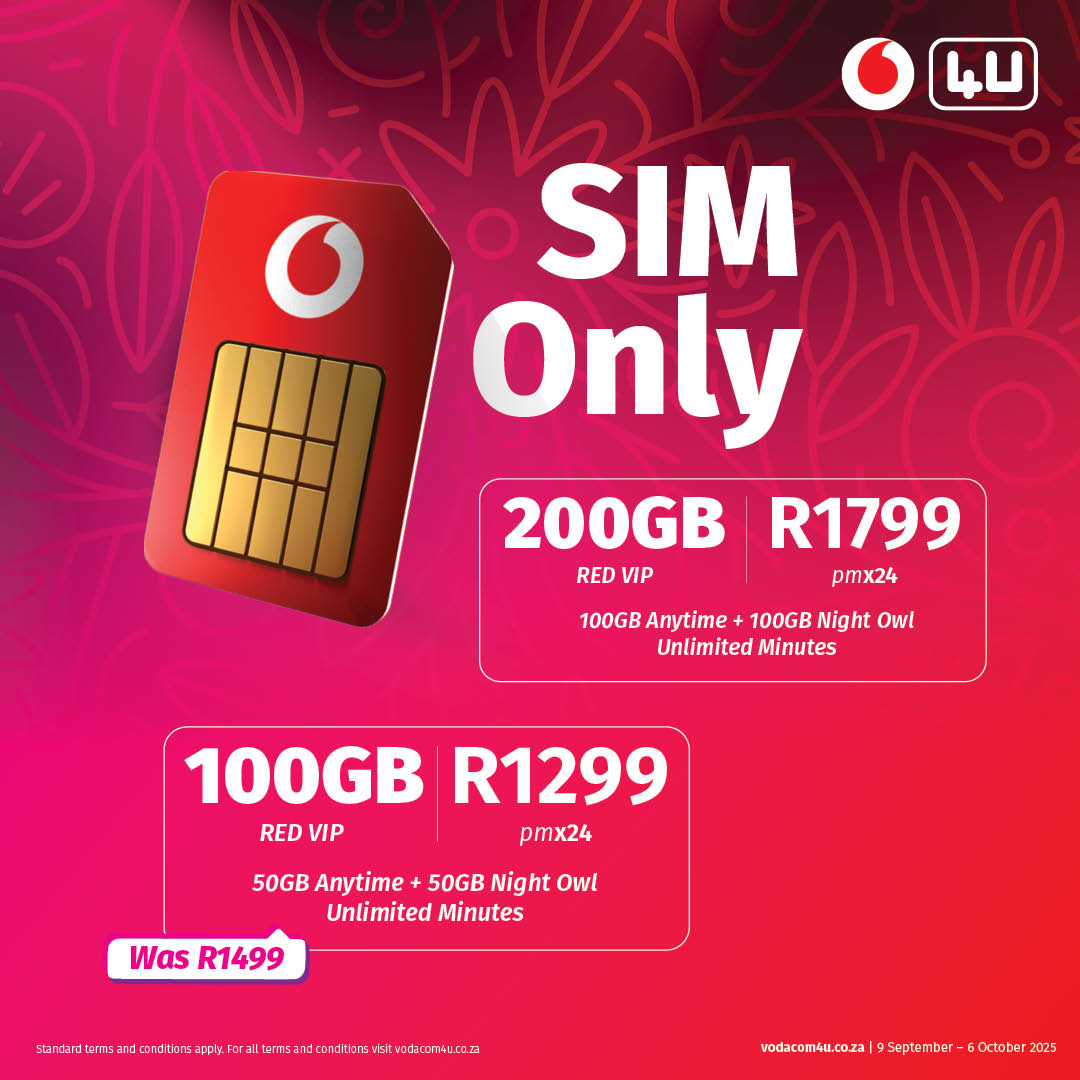 Vodacom4u's tweet image. Go big or go bigger.  
Get up to 200GB data + unlimited minutes with Vodacom 4U SIM Only deals because streaming, scrolling, and sharing never stop.  #Vodacom4U #SIMOnly