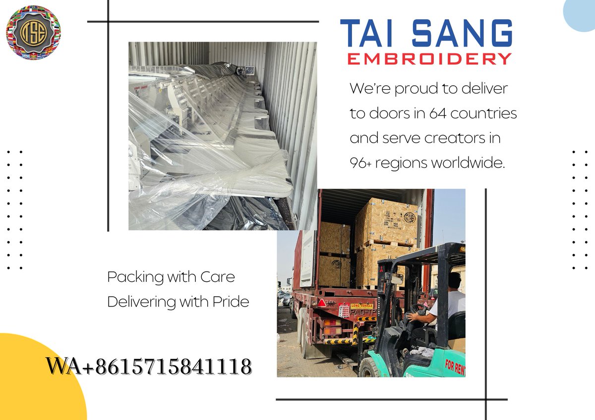 TaiSangCN's tweet image. 🌍 From Our Workshop to Your Doorstep! 🌍
We’re proud to deliver Tai Sang Embroidery machines door to door 64 countries and support creators in 96+ regions worldwide. 🧵✨
wa.me/8615715841118
#TaiSangEmbroidery #GlobalDelivery #EmbroideryMachines #BuyEmbroideryMachine